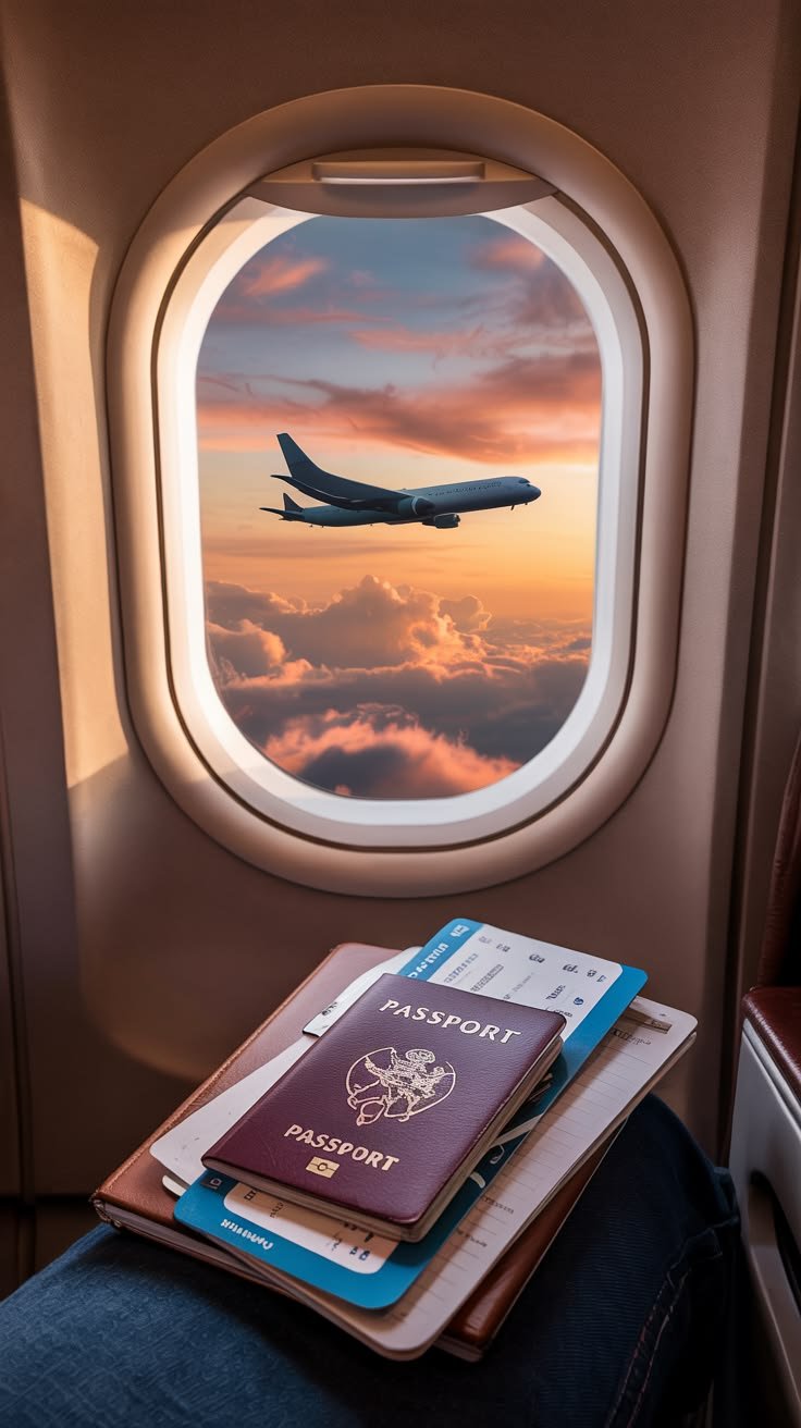 Passport and boarding passes below a cabin window with a jet crossing a sunset sky